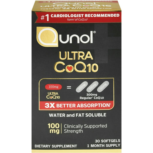 Qunol Ultra 100 mg CoQ10 dietary supplement softgels in blister pack, vitamin and supplement product for heart health.