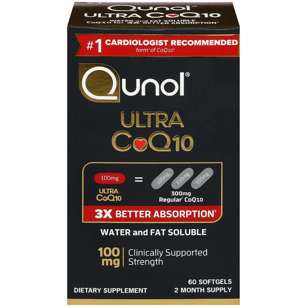Qunol Ultra CoQ10 100mg softgels, dietary supplement in a bottle, designed to support heart health and energy.