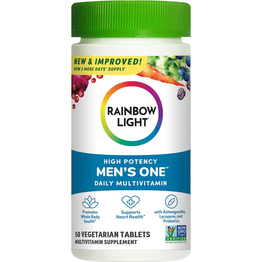Rainbow Light Men's One multivitamin tablets in blister pack, dietary supplement for men's daily health support.