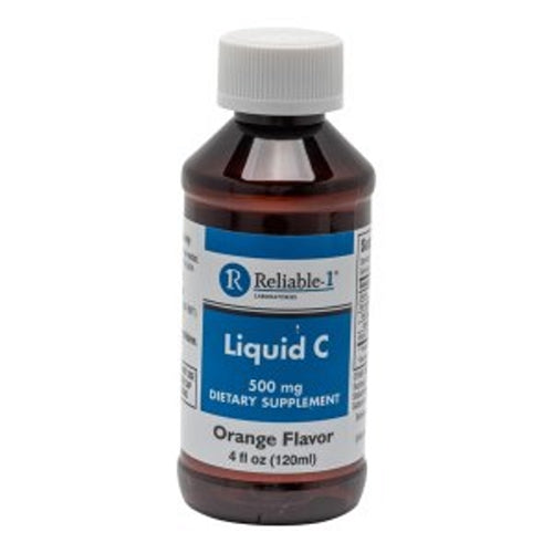 Reliable 1 Laboratories Liquid Vitamin C 500mg in orange flavor, in a clear bottle with a white cap, on a white background.
