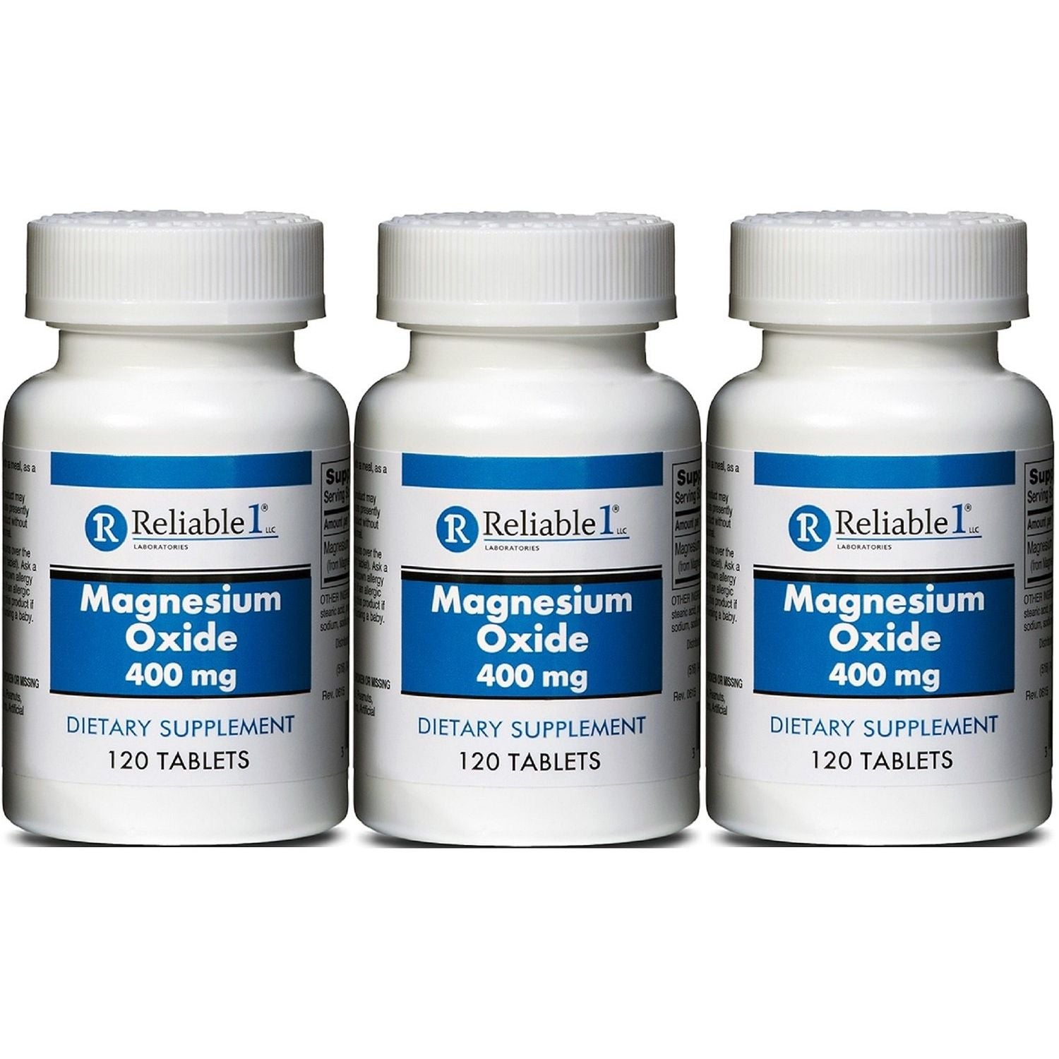 Reliable-1 Laboratories Magnesium Oxide 400 mg supplement in 120 tablets, dietary vitamins and minerals for daily health.