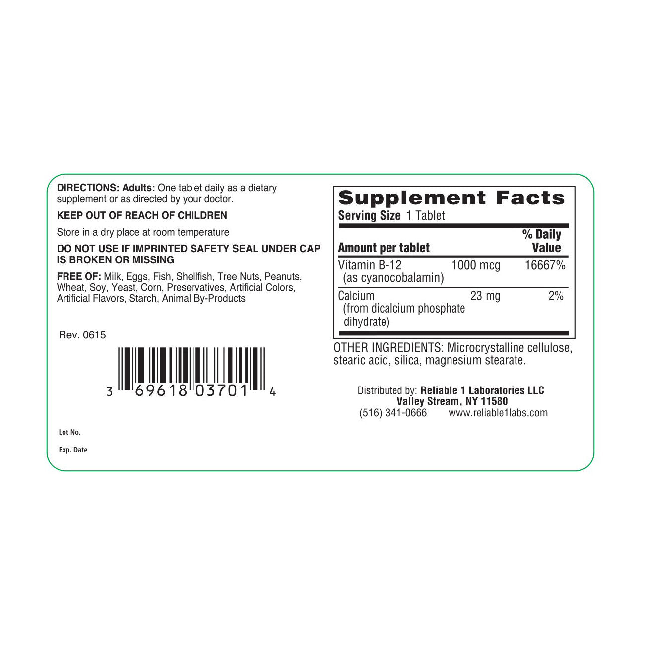 Reliable-1 Laboratories Vitamin B-12 supplement, 1000 mcg in a bottle of 100 tablets, natural vitamin B-12 dietary supplement.