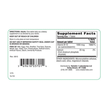 Reliable-1 Laboratories Vitamin B-12 supplement, 1000 mcg in a bottle of 100 tablets, natural vitamin B-12 dietary supplement.