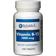 Reliable-1 Laboratories Vitamin B-12 1000 mcg supplement in a bottle of 100 tablets, from Pasteur Pharmacy, for energy support.