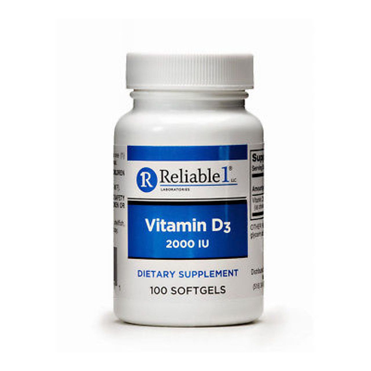 Reliable 1 Laboratories Vitamin D3 2000 IU softgels in a bottle, part of vitamins and supplements by Pasteur Pharmacy.