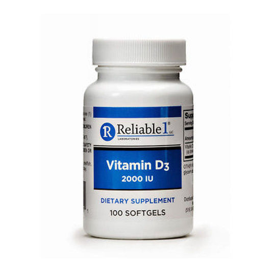 Reliable 1 Laboratories Vitamin D3 2000 IU softgels in a bottle, part of vitamins and supplements by Pasteur Pharmacy.