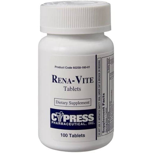 Rena-Vite dietary supplement bottle showing 100 capsules, specialized renal vitamin formula by Pasteur Pharmacy.