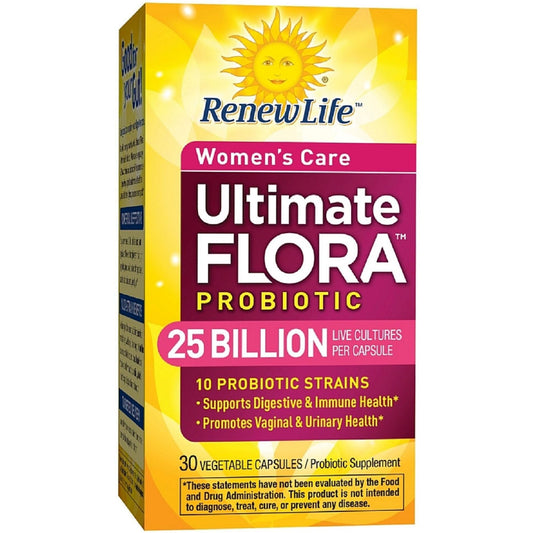 Renew Life Ultimate Flora Probiotic Women's Care vegetarian capsules, dietary supplement bottle with 30 capsules.