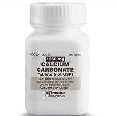 Roxane Calcium Carbonate Tablets 1250mg bottles, dietary supplement vitamins and minerals for bone health, 100 count bottle.