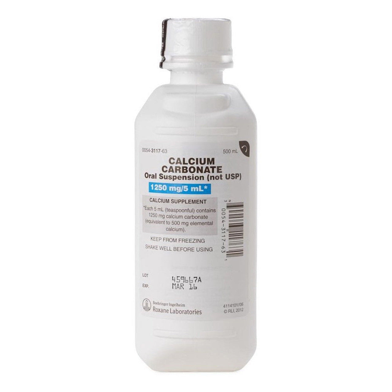 Roxane Labs Calcium Carbonate Oral Suspension in 500ml bottle, dietary supplement for bone health, from Pasteur Pharmacy.
