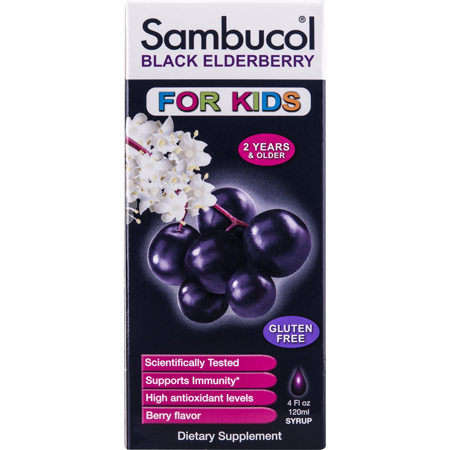 Sambucol Black Elderberry Berry Flavor Kids Syrup in a 4 fl oz bottle, supplement for children's immune support.