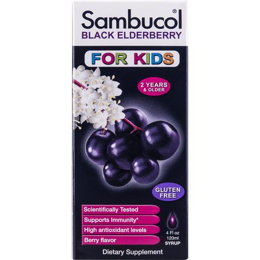 Sambucol Black Elderberry Berry Flavor Kids Syrup in a 4 fl oz bottle, supplement for children's immune support.