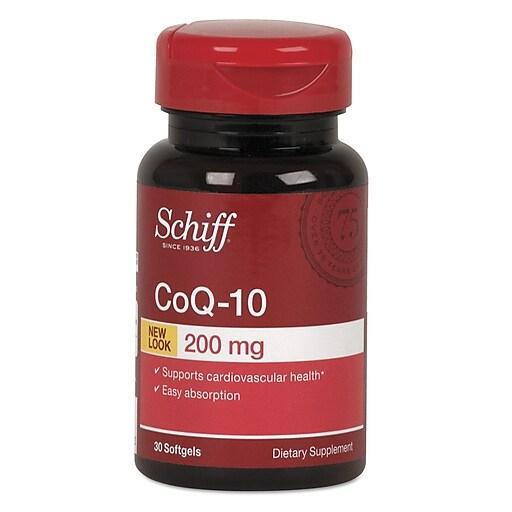 Schiff CoQ-10 200 mg softgels, dietary supplement for energy support, in a clear bottle with 30 softgel capsules.