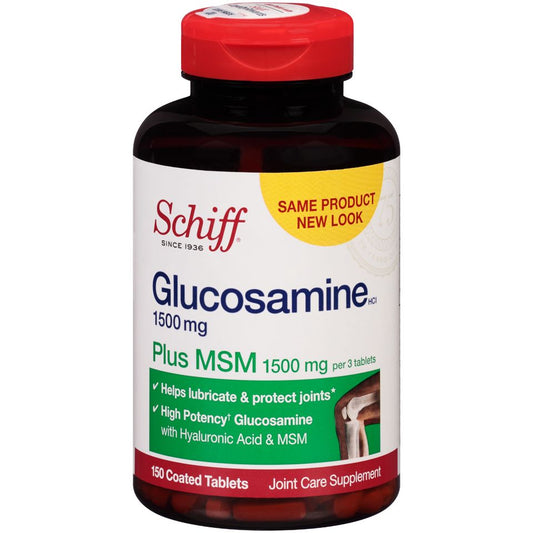 Schiff Joint Care Glucosamine HCl Plus MSM 1500 mg coated tablets in bottle, dietary supplement for joint health