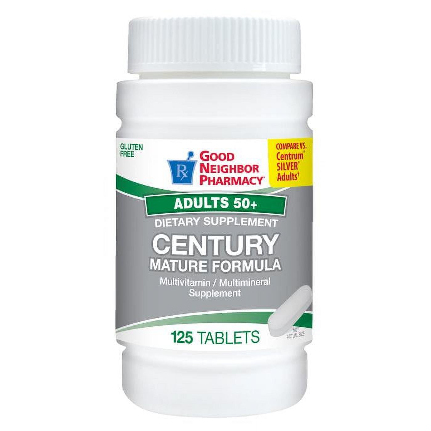 Silver Rod Pharmacy GNP Century adult multivitamin tablets for 50+ seniors, showing a bottle of 125 multivitamin tablets.
