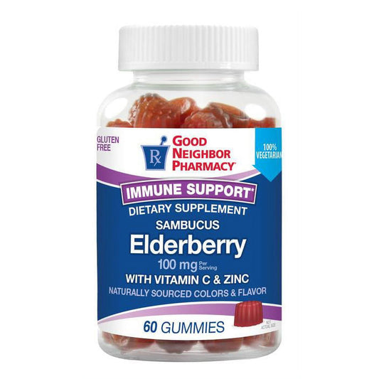 Silver Rod Pharmacy GNP Elderberry with Vitamin C and Zinc gummies in a clear bottle, showing the colorful fruit-flavored supplement.