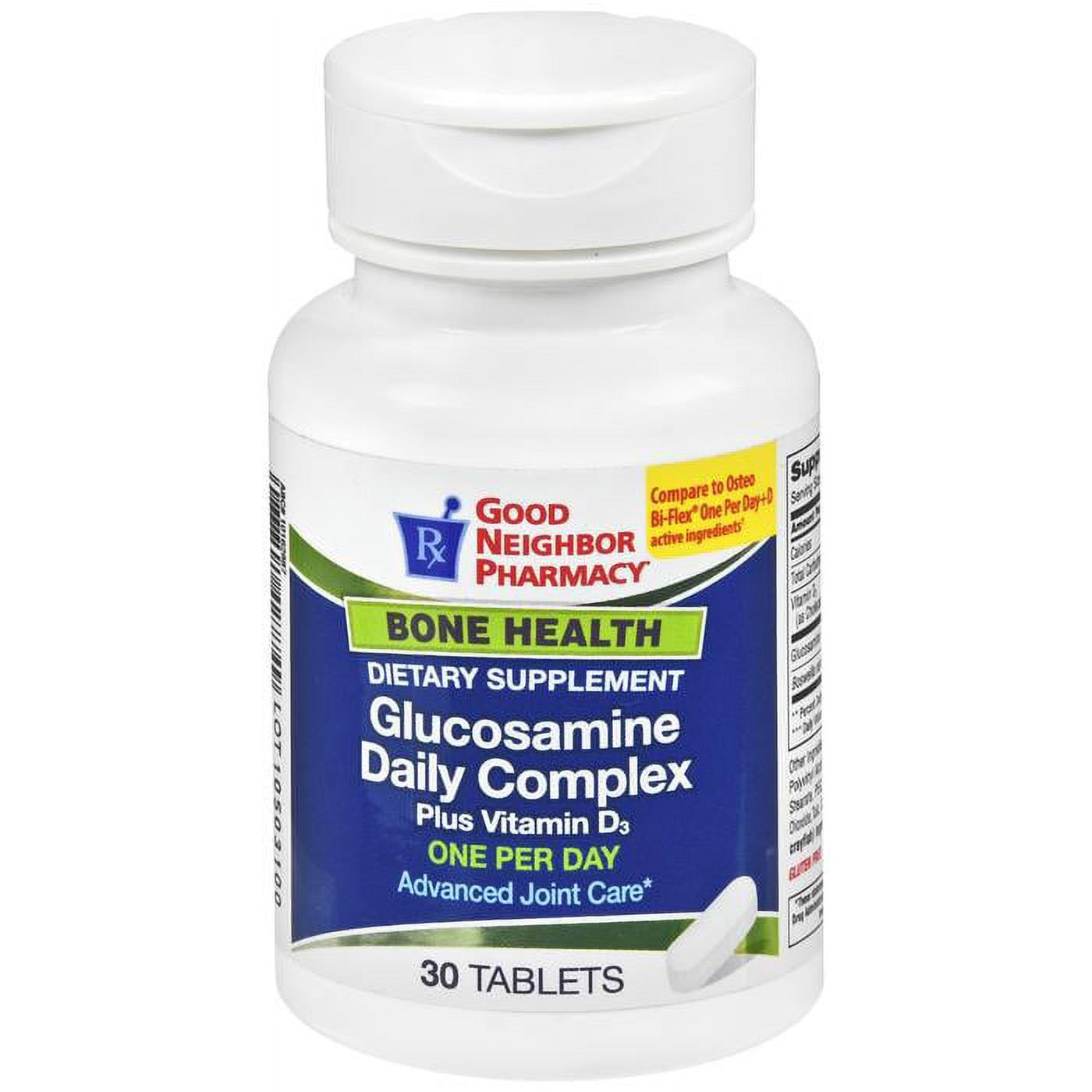 Silver Rod Pharmacy GNP Glucosamine Daily Complex with Vitamin D 1000mg, 30 tablets, in supplement bottle.