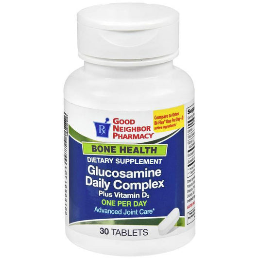 Silver Rod Pharmacy GNP Glucosamine Daily Complex with Vitamin D 1000mg, 30 tablets, in supplement bottle.