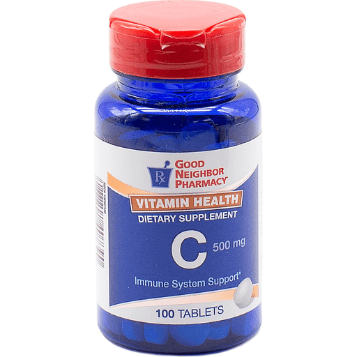 Silver Rod Pharmacy GNP Vitamin C 500mg supplement bottles, 100 tablets, in a clear container with label.