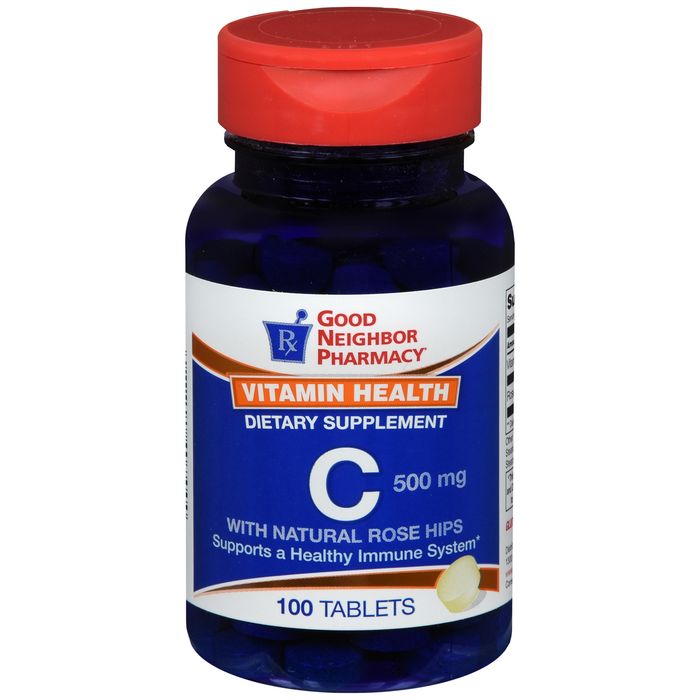 Silver Rod Pharmacy GNP Vitamin C 500mg with Rose Hips in a bottle of 100 tablets, a dietary supplement for immune support.