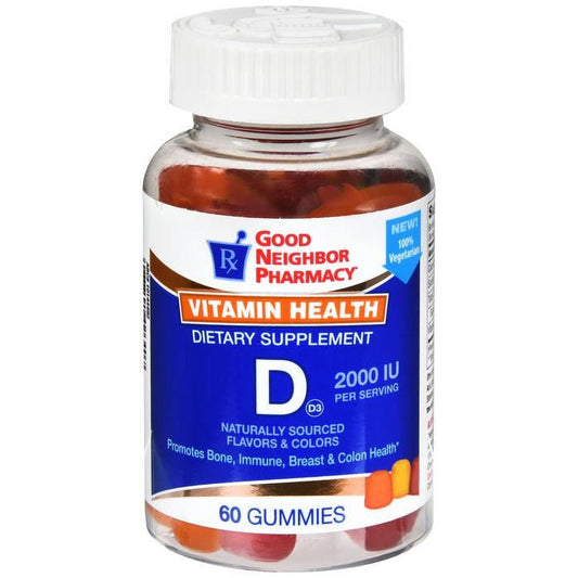 Silver Rod Pharmacy GNP Vitamin D3 2000 IU gummies in a bottle, dietary supplement for bone health and immune support.
