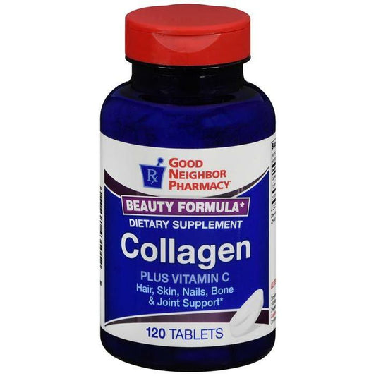Silver Rod Pharmacy Collagen Plus C Tablets in a bottle, dietary supplement for skin and joint health, 120 count.