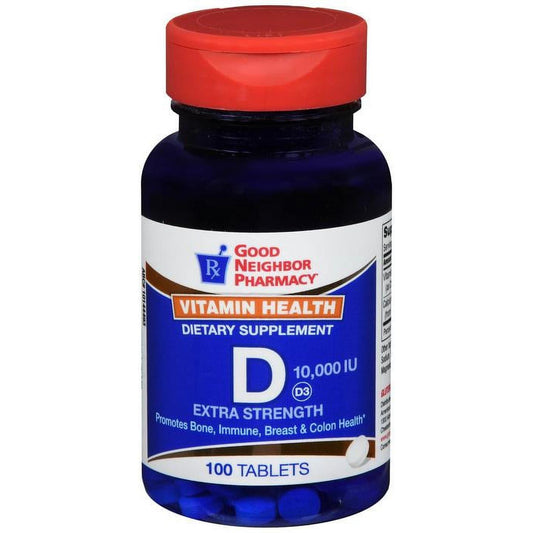 Silver Rod Pharmacy Good Neighbor Vitamin D 10000 IU tablets, dietary supplement in a bottle, for immune support and bone health