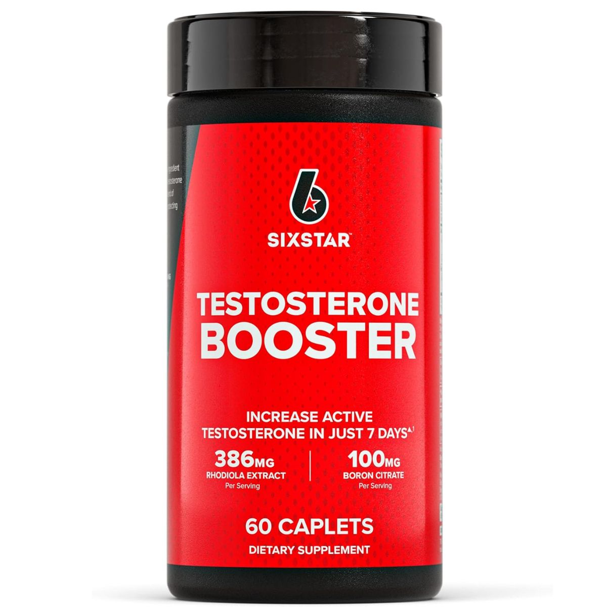 Six Star Protein Testosterone Booster Caplets in a white bottle, dietary supplement for muscle support and hormone health.