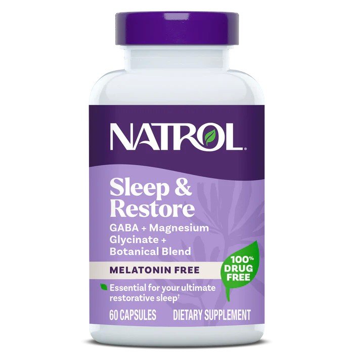 Bottle of Pasteur Pharmacy Sleep / Restore CP 60 Melatonin supplements, featuring white and purple packaging with label details.