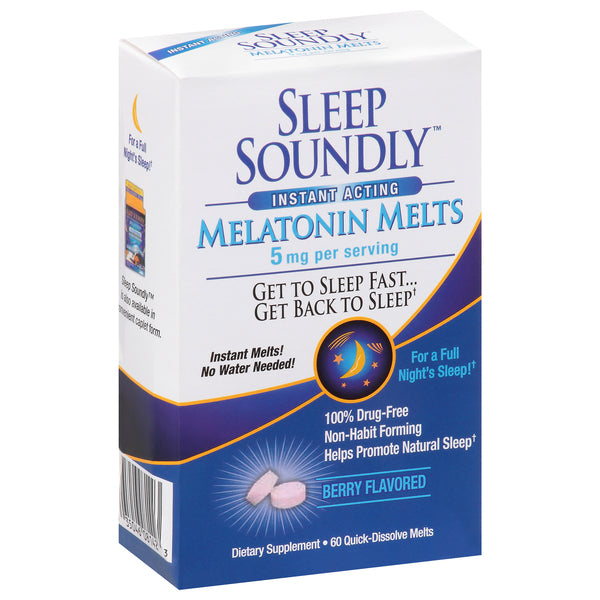 Berry-flavored Sleep Soundly Melatonin Melts by Pasteur Pharmacy in blister pack, 5 mg for restful sleep, vitamins and supplements.