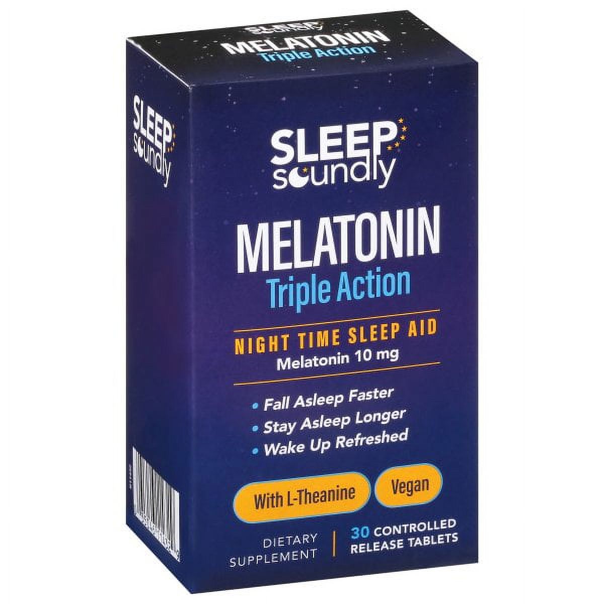 Sleep Soundly Melatonin Triple Action 10 mg tablets by Pasteur Pharmacy, showing a bottle of 30 melatonin supplement tablets.