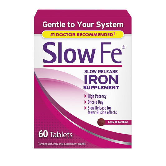 Two bottles of Pasteur Pharmacy Slow Fe Release Iron Tablets, 60 count, vitamin and supplement for iron support.
