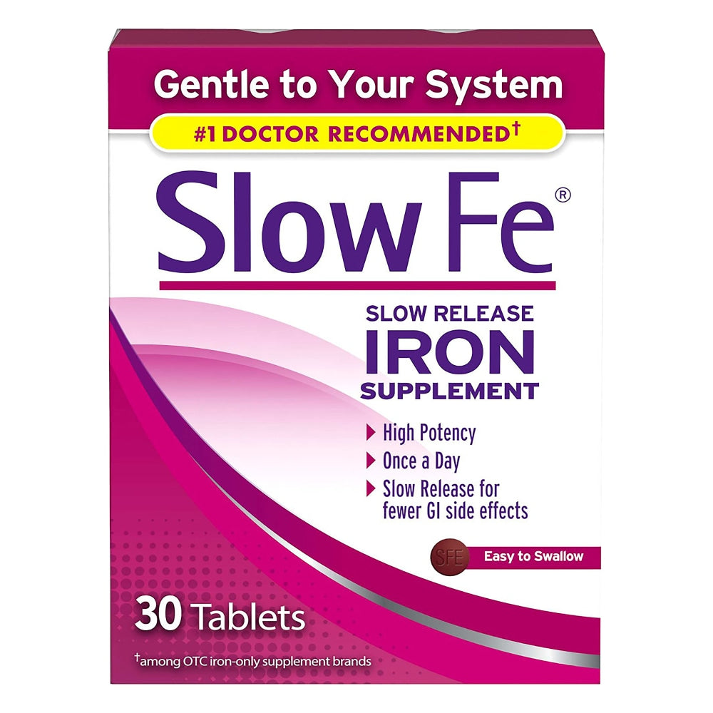Slow Fe Slow-Release Iron Supplement 45mg tablets from Pasteur Pharmacy, showing a bottle of 30 iron supplements.