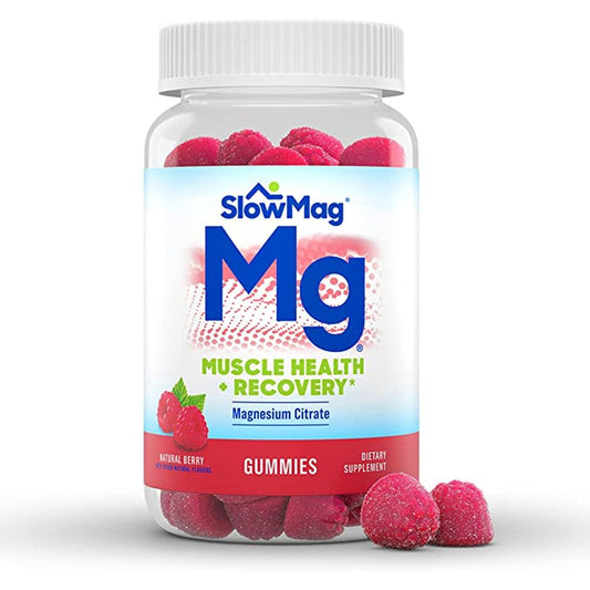 SlowMag Mg Muscle Health + Recovery Gummies by Pasteur Pharmacy, magnesium citrate supplement in 60 count container.