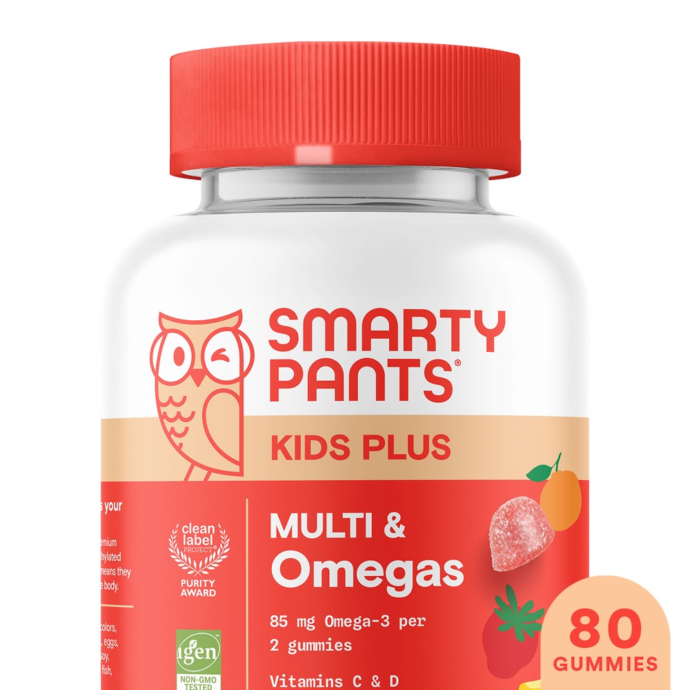 SmartyPants Kids' Multivitamin and Omega-3 chewables in a bottle, designed for children's nutritional support.