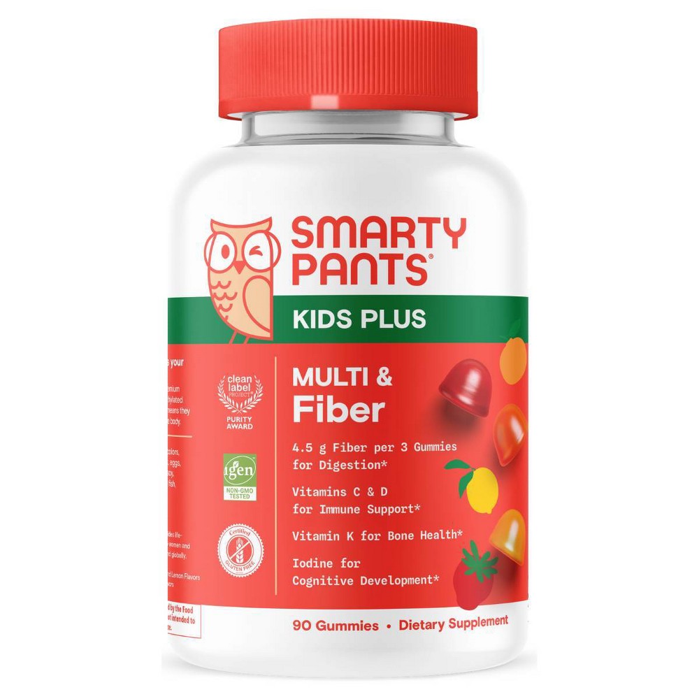 Smartypants Kids multivitamin and fiber gummies for digestive health in a 90-count bottle, supplement for children's wellness.