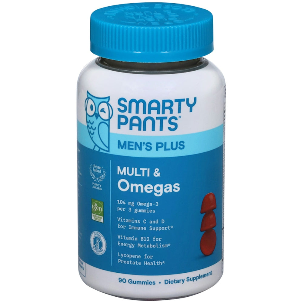 SmartyPants Men's Multi & Omegas vitamins and supplements in colorful bottles, showing the product label and capsules.