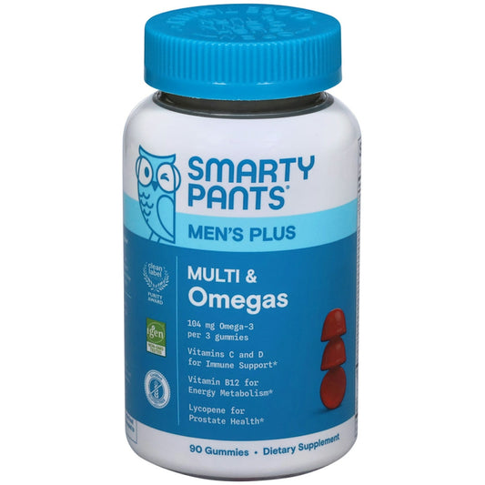 SmartyPants Men's Multi & Omegas vitamins and supplements in colorful bottles, showing the product label and capsules.