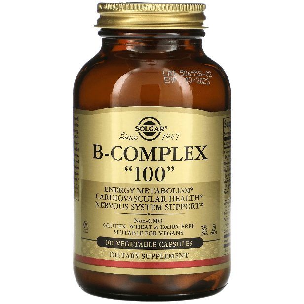 Solgar B-Complex 100 vegetable capsules, dietary vitamins and supplements for energy and daily wellness.