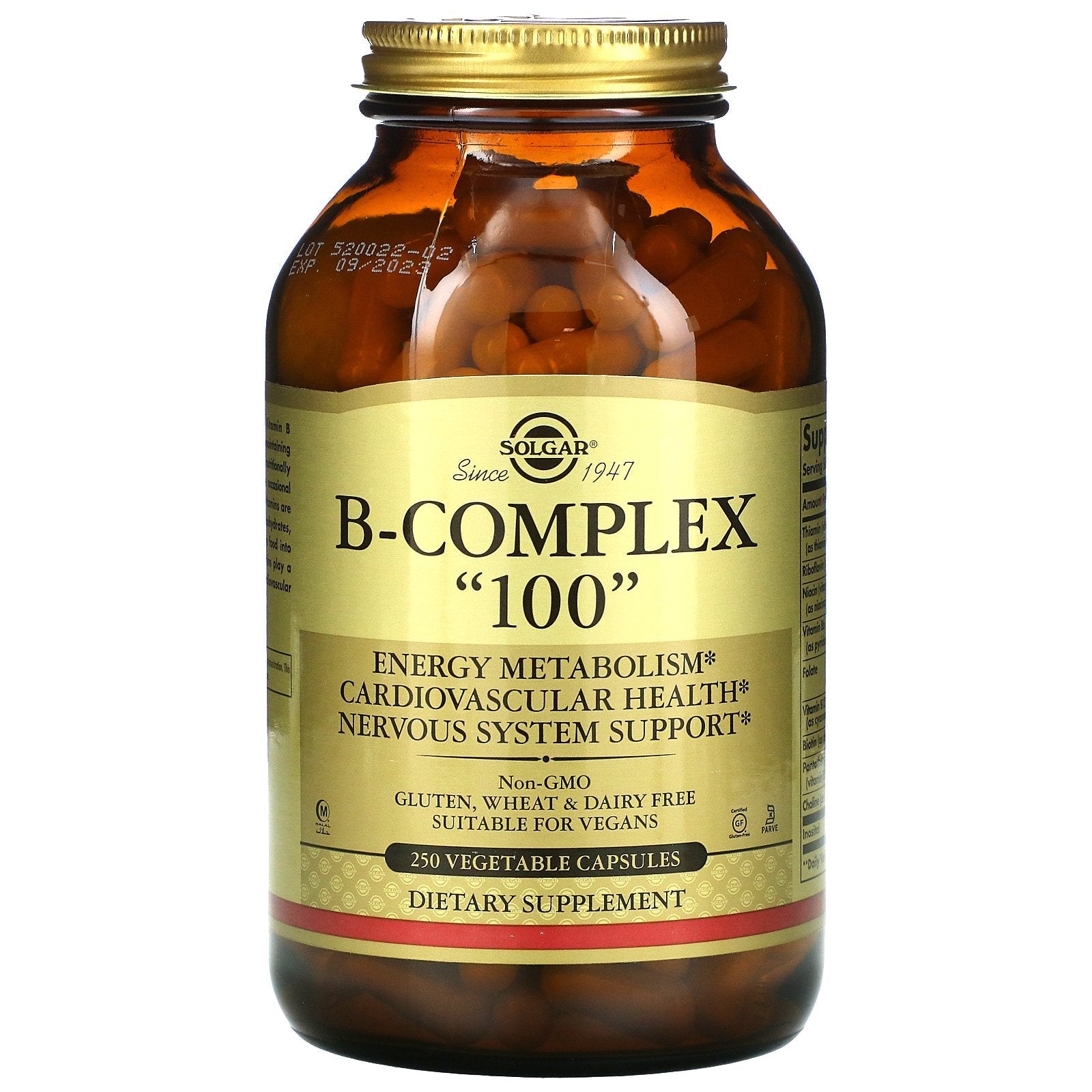 Solgar B-Complex 100 vegetable capsules, dietary vitamins and supplements for energy and overall health.