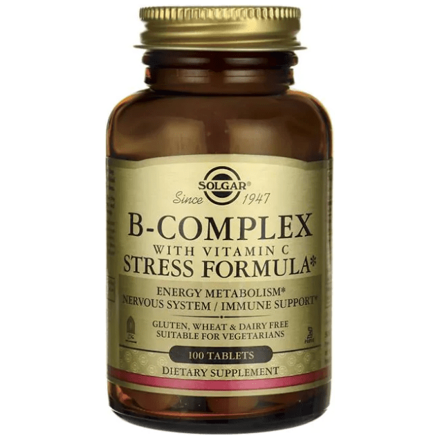 Solgar B-Complex with Vitamin C Stress Formula bottles, dietary vitamins and supplements for energy and stress support