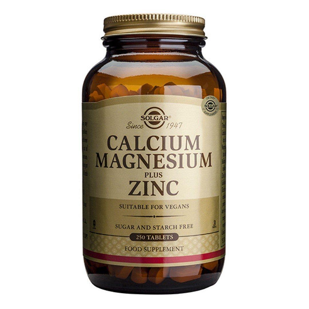 Solgar Calcium Magnesium Plus Zinc supplement bottle with 250 tablets, vitamin and mineral dietary supplement.