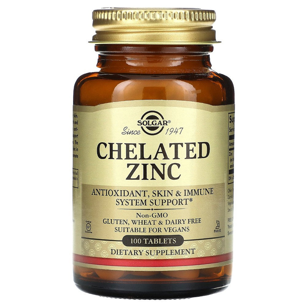 Solgar Chelated Zinc 22 mg supplement in a bottle of 100 tablets, designed to support immune health and zinc absorption.