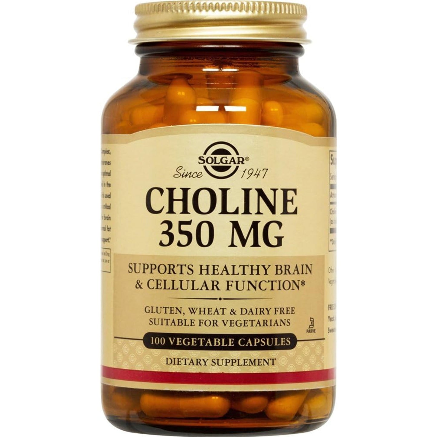 Solgar Choline 350 mg vegetable capsules, dietary supplement for brain health, shown in a bottle with capsules inside.