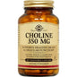 Solgar Choline 350 mg vegetable capsules, dietary supplement for brain health, shown in a bottle with capsules inside.