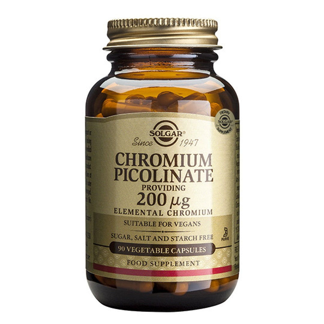 Solgar Chromium Picolinate 200 mcg supplement in 90 vegetable capsules, shown in clear bottle with label details.