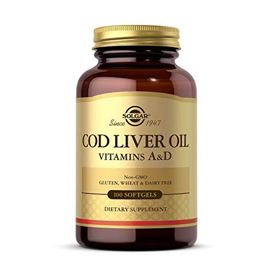 Solgar Cod Liver Oil softgels in a bottle, dietary supplement for vitamins D and A, from Pasteur Pharmacy, 100 softgels.