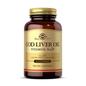 Solgar Cod Liver Oil softgels in a bottle, dietary supplement for vitamins D and A, from Pasteur Pharmacy, 100 softgels.