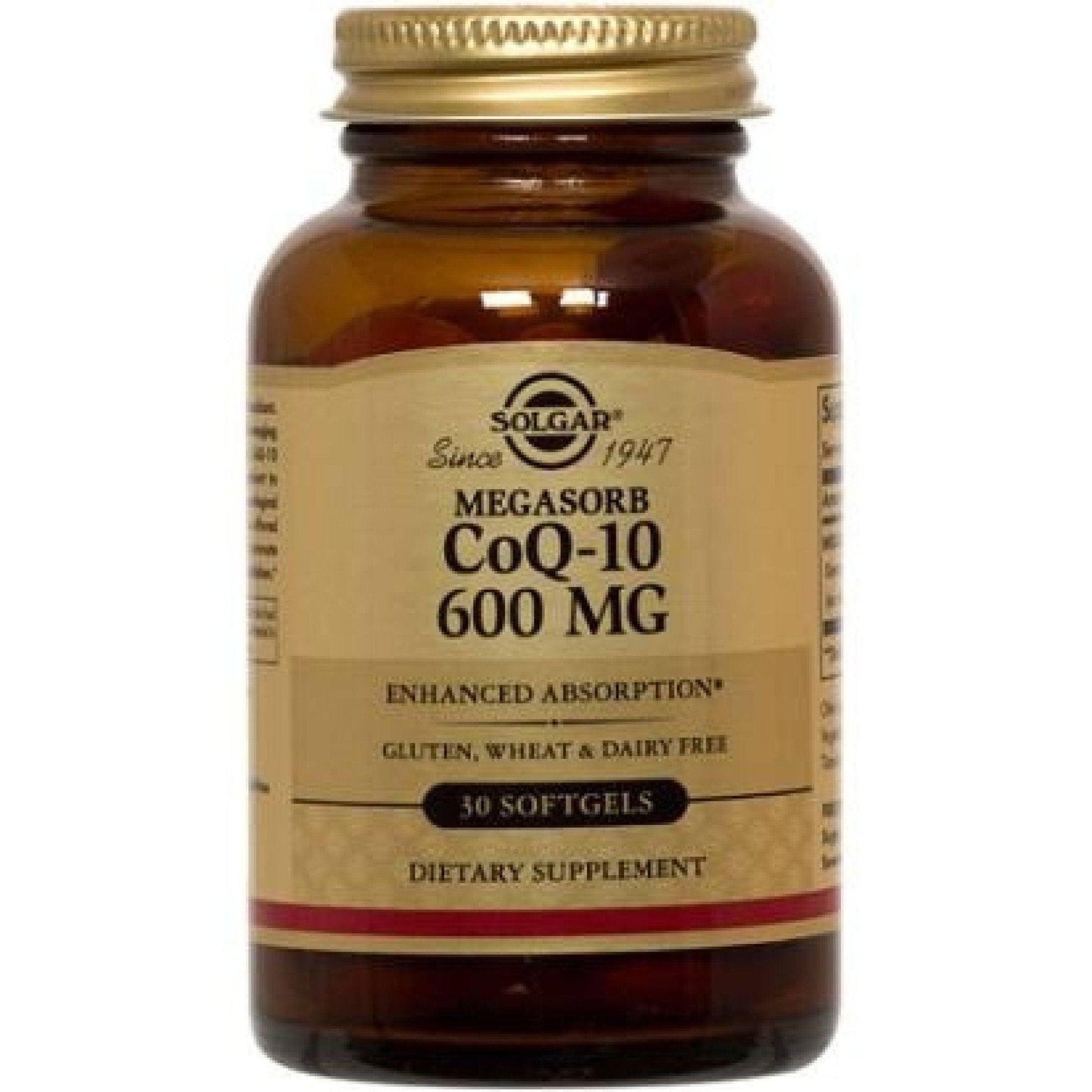 Solgar CoQ-10 600 mg Megasorb softgels in a bottle, dietary vitamin supplement for energy and heart health.