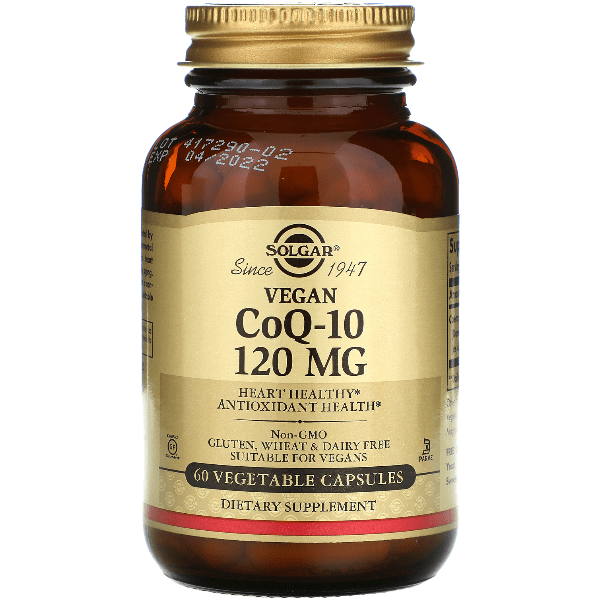 Solgar CoQ-10 60mg vegetable capsules, dietary supplement for energy and heart health, in a bottle with 60 capsules.